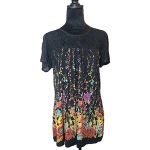 Whimsy Goth Floral Black Women's Top Beaded Lace Short Sleeve Flared